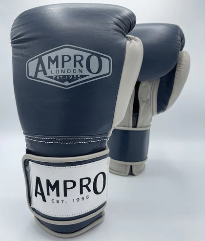 AMPRO HYBRID POWERTECH HOOK & LOOP SPARRING GLOVE - NAVY BLUE/ GREY