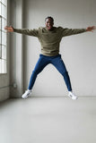 KRONK ONE COLOUR GLOVES RAW EDGE APPLIQUE VINTAGE WASH SWEATSHIRT-KHAKI