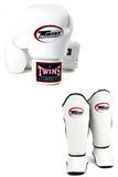TWINS SPECIAL MUAY THAI GLOVES AND SHIN GUARDS - WHITE