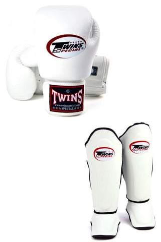 TWINS SPECIAL MUAY THAI GLOVES AND SHIN GUARDS - WHITE