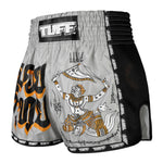 TUFF Muay Thai Boxing Shorts New Retro Style "Grey Hanuman Yantra with War Flag"