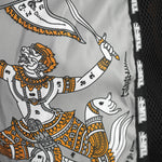 TUFF Muay Thai Boxing Shorts New Retro Style "Grey Hanuman Yantra with War Flag"