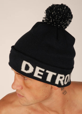 KRONK Detroit Bobble Hat Blue with White knitted logo